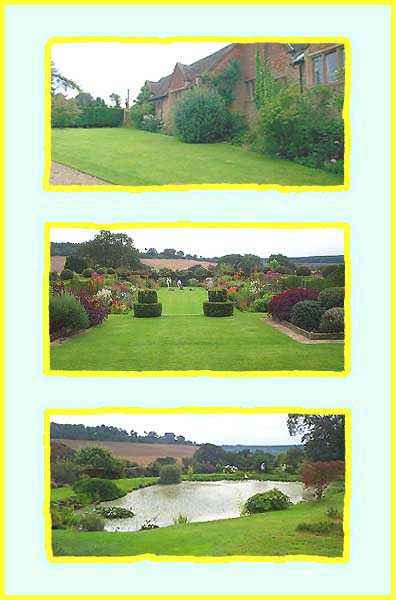 Lawns, terraces and the pond.